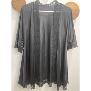 VTG Lady Cameo Black Satin Lace Bed Jacket Robe USA One Size Coquette Romantic